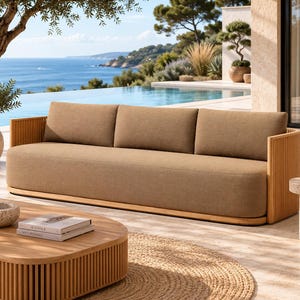 Teak Outdoor Sofa, Garden Three Seater, Waterproof Patio Couch, Minimalist Wood Settee, Luxury Lounge
