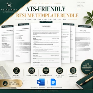 Könnte beinhalten: Ein ATS-freundliches Lebenslauf-Vorlagenpaket mit einseitigem Lebenslauf, zweiseitigem Lebenslauf, Anschreiben, Referenzseite und Dankesschreiben, inklusive digitaler Download-Symbole und einem goldenen Stift.