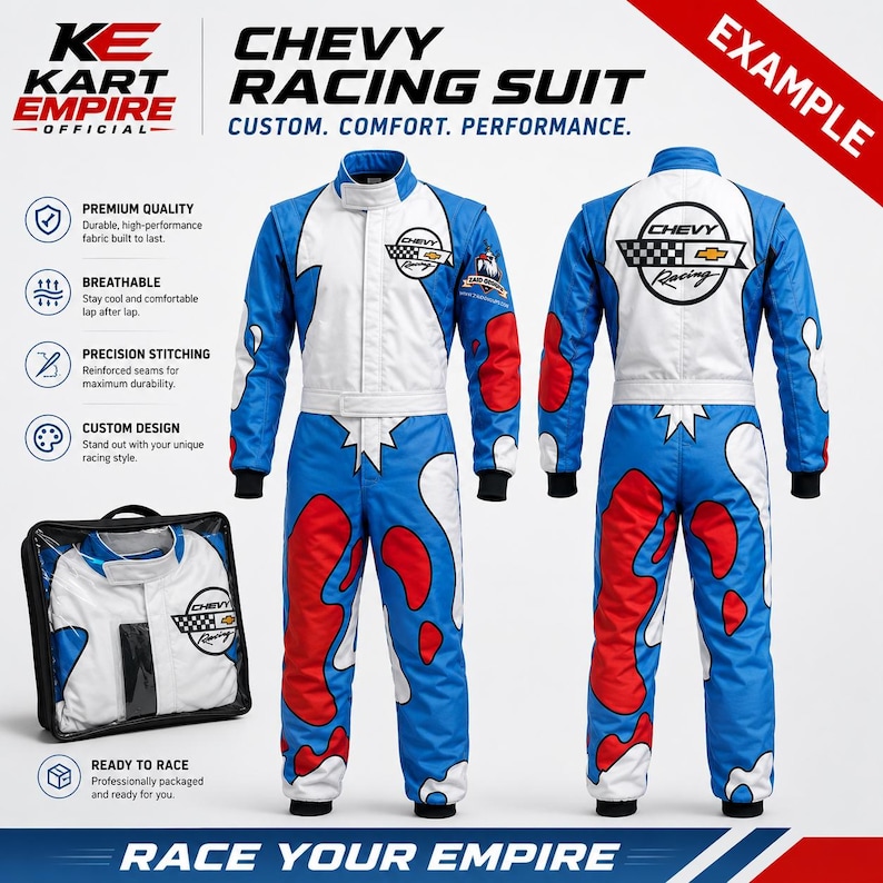 Kart Empire Official custom racing costume example showing a white and blue suit with red graphic accents, front and rear views, and a ready-to-race promotional layout. The design presents personalized details, clean seam lines, large readable graphics, and a modern motorsport finish for karting drivers, racing teams, event costumes, wholesale buyers, and custom branded apparel orders for retail and team buyers.