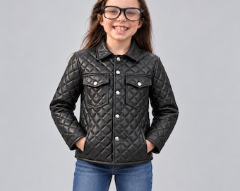 Black Diamond Quilted Leather Shirt Jacket, Snap Button Shacket with Chest Pockets for Men Women Kids