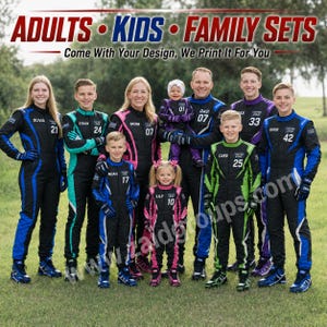 Large family group of adults and children wearing matching black custom racing suits with blue, teal, pink, purple, and green accents outdoors. The suits display personalized names, numbers, custom logo areas, matching gloves, and coordinated racing shoes. Text highlights adult and kids family sets and states that customers can provide their own design for printing.