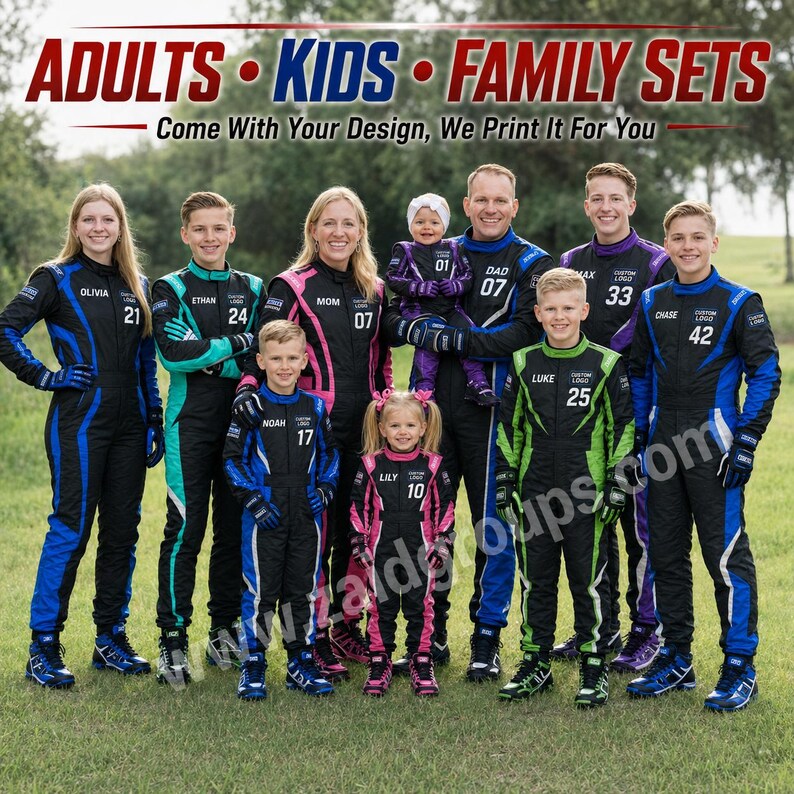Large family group of adults and children wearing matching black custom racing suits with blue, teal, pink, purple, and green accents outdoors. The suits display personalized names, numbers, custom logo areas, matching gloves, and coordinated racing shoes. Text highlights adult and kids family sets and states that customers can provide their own design for printing.