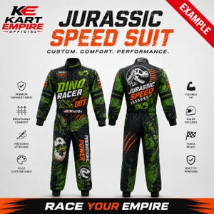 Kart Empire Official portfolio image showing a green dinosaur-themed custom racing suit with detailed front and rear mockups, bold graphics, personalized belt text, and a polished promotional layout. The design is suited for kids or adults who want themed karting costumes, birthday racing outfits, personalized driver suits, team apparel, creative made-to-order motorsport clothing, and standout racewear.