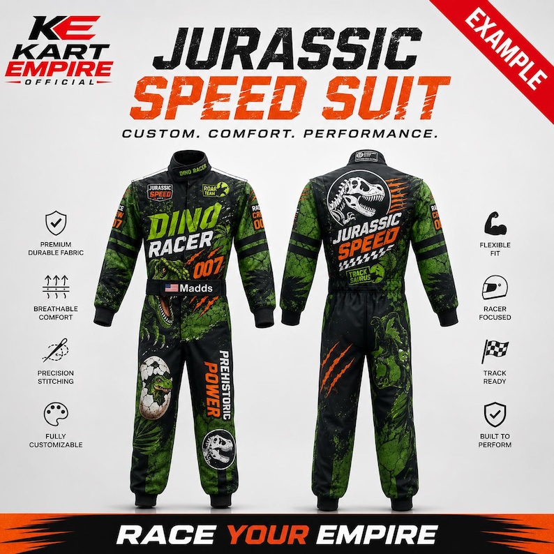 Kart Empire Official portfolio image showing a green dinosaur-themed custom racing suit with detailed front and rear mockups, bold graphics, personalized belt text, and a polished promotional layout. The design is suited for kids or adults who want themed karting costumes, birthday racing outfits, personalized driver suits, team apparel, creative made-to-order motorsport clothing, and standout racewear.