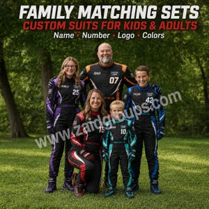 Family of five wearing matching custom racing suits outdoors in black with purple, orange, red, teal, and blue accents. Visible personalization includes Emily 25, Dad 07, Mom 15, Noah 10, and Tyler 42, plus custom logo areas. The suits include matching gloves and racing-style shoes. Text highlights family matching sets for kids and adults with custom name, number, logo, and color options.