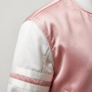 May include: A satin bomber jacket featuring a dusty pink body and contrasting white sleeves. The sleeves are accented with two horizontal white stripes near the cuff area. The garment has a round neckline and visible stitching along the shoulder seams.