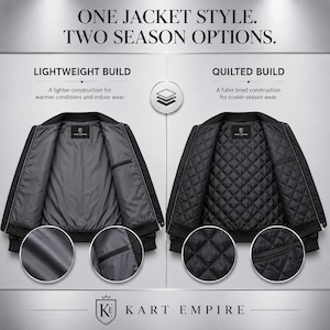 May include: A comparison of two black jackets with the text ONE JACKET STYLE. TWO SEASON OPTIONS. The left shows a lightweight build with a smooth interior, while the right shows a quilted build with a diamond-patterned lining and Kart Empire branding.
