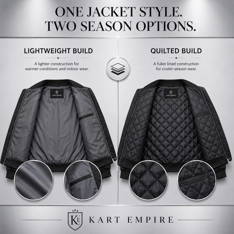 May include: A comparison of two black jackets with the text ONE JACKET STYLE. TWO SEASON OPTIONS. The left shows a lightweight build with a smooth interior, while the right shows a quilted build with a diamond-patterned lining and Kart Empire branding.