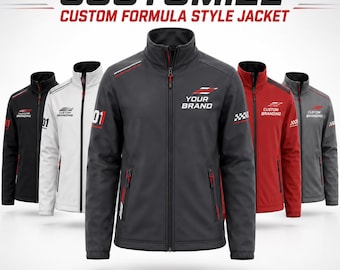 May include: A collection of five zip-up jackets in black, white, red, and gray, featuring a high collar, side pockets with red accents, and racing-inspired graphics. The text CUSTOMIZE CUSTOM FORMULA STYLE JACKET and YOUR BRAND YOUR JACKET is visible.