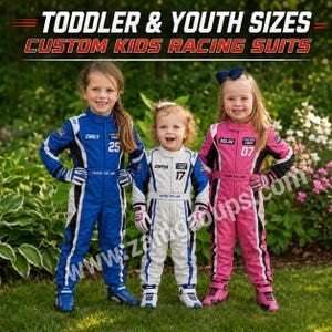 Three children wearing custom racing suits outdoors in blue and white, white and blue, and pink, black, and white designs. The suits display personalized names Emily, Sophia, and Nolan with numbers 25, 17, and 07, custom logo areas, racing graphics, belts, matching gloves, and racing-style shoes. Text highlights toddler and youth sizes and custom kids racing suits.