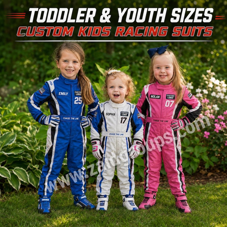 Three children wearing custom racing suits outdoors in blue and white, white and blue, and pink, black, and white designs. The suits display personalized names Emily, Sophia, and Nolan with numbers 25, 17, and 07, custom logo areas, racing graphics, belts, matching gloves, and racing-style shoes. Text highlights toddler and youth sizes and custom kids racing suits.