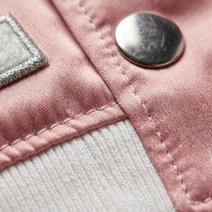 May include: A close-up view of a garment featuring smooth, dusty pink fabric with visible stitching along the seams. A polished silver-tone metal snap button is attached to the fabric, positioned near a white ribbed knit panel and a white patch.