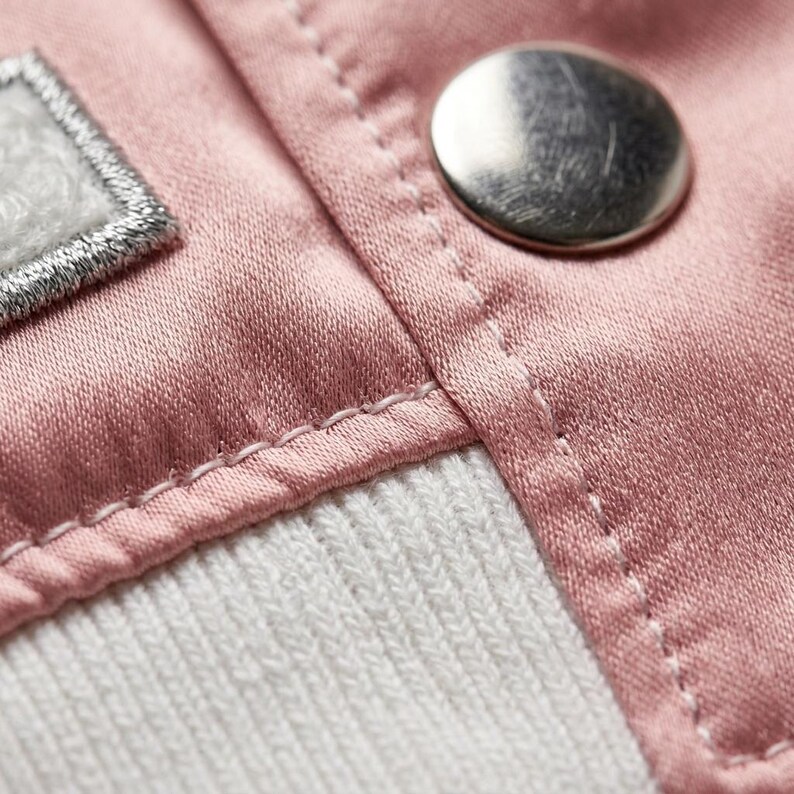 May include: A close-up view of a garment featuring smooth, dusty pink fabric with visible stitching along the seams. A polished silver-tone metal snap button is attached to the fabric, positioned near a white ribbed knit panel and a white patch.