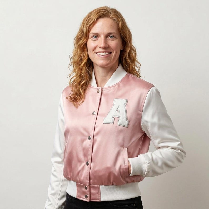 May include: A satin varsity jacket featuring a dusty rose pink body and contrasting white sleeves. The jacket has a snap-button front closure, a white ribbed collar, cuffs, and hem, and a large white letter A patch on the upper left chest.