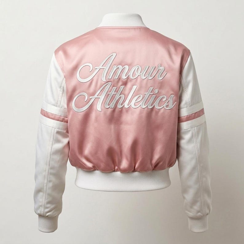 May include: A satin bomber jacket featuring a dusty pink body and white sleeves. The back displays the embroidered white script text Amour Athletics. The jacket includes a white ribbed collar, cuffs, and hem, with pink stripes on the sleeves.