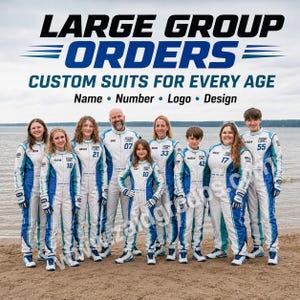 Large group of adults and children wearing matching white racing suits with blue and teal accents on a beach. The suits feature personalized names, numbers, custom logo areas, racing-style graphics, matching gloves, and coordinated shoes. Visible text highlights large group orders, custom suits for every age, and personalization with name, number, logo, and design.