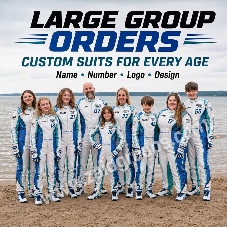 Large group of adults and children wearing matching white racing suits with blue and teal accents on a beach. The suits feature personalized names, numbers, custom logo areas, racing-style graphics, matching gloves, and coordinated shoes. Visible text highlights large group orders, custom suits for every age, and personalization with name, number, logo, and design.