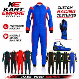 Professional portfolio mockup by Kart Empire Official displaying a white, blue, and red custom racing suit with front and back views. The suit includes bold graphic panels, flag details, name personalization, sponsor-style logos, and a polished showroom-style layout. Ideal for custom karting costumes, themed racing suits, team apparel, birthday outfits, motorsport-inspired uniforms, and made-to-order driver gear.