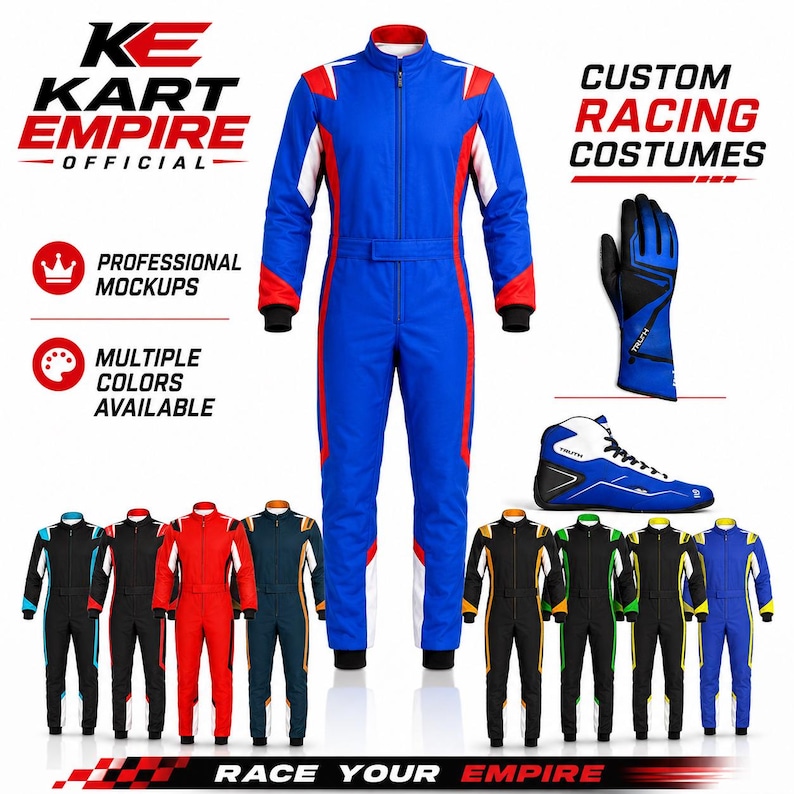 Professional portfolio mockup by Kart Empire Official displaying a white, blue, and red custom racing suit with front and back views. The suit includes bold graphic panels, flag details, name personalization, sponsor-style logos, and a polished showroom-style layout. Ideal for custom karting costumes, themed racing suits, team apparel, birthday outfits, motorsport-inspired uniforms, and made-to-order driver gear.