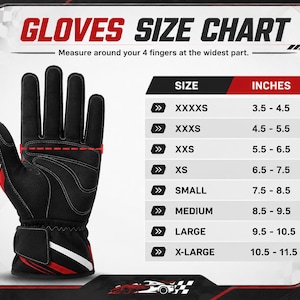 May include: A black and red glove size chart featuring a graphic of a black glove with red accents. The chart displays sizes from XXXXS to X-LARGE with corresponding measurements in inches, ranging from 3.5 to 11.5 inches for hand width.