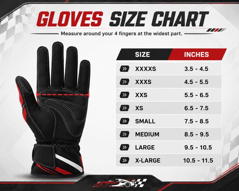 May include: A black and red glove size chart featuring a graphic of a black glove with red accents. The chart displays sizes from XXXXS to X-LARGE with corresponding measurements in inches, ranging from 3.5 to 11.5 inches for hand width.