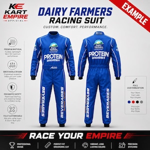 Kart Empire Official example image featuring a blue custom racing suit with front and rear views, sponsor-style artwork, personalized name belt, and clean professional product presentation. The mockup highlights premium stitching, breathable fabric, flexible fit, and a race-ready design for karting teams, motorsport events, promotional uniforms, birthday outfits, and personalized racing costumes for retail and bulk orders.