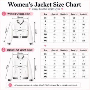 May include: A size chart for jackets featuring two white varsity-style jackets with black striped trim. The chart displays measurements in inches for chest, shoulder, sleeve, and length for sizes XS to 4XL for both cropped and full-length styles.