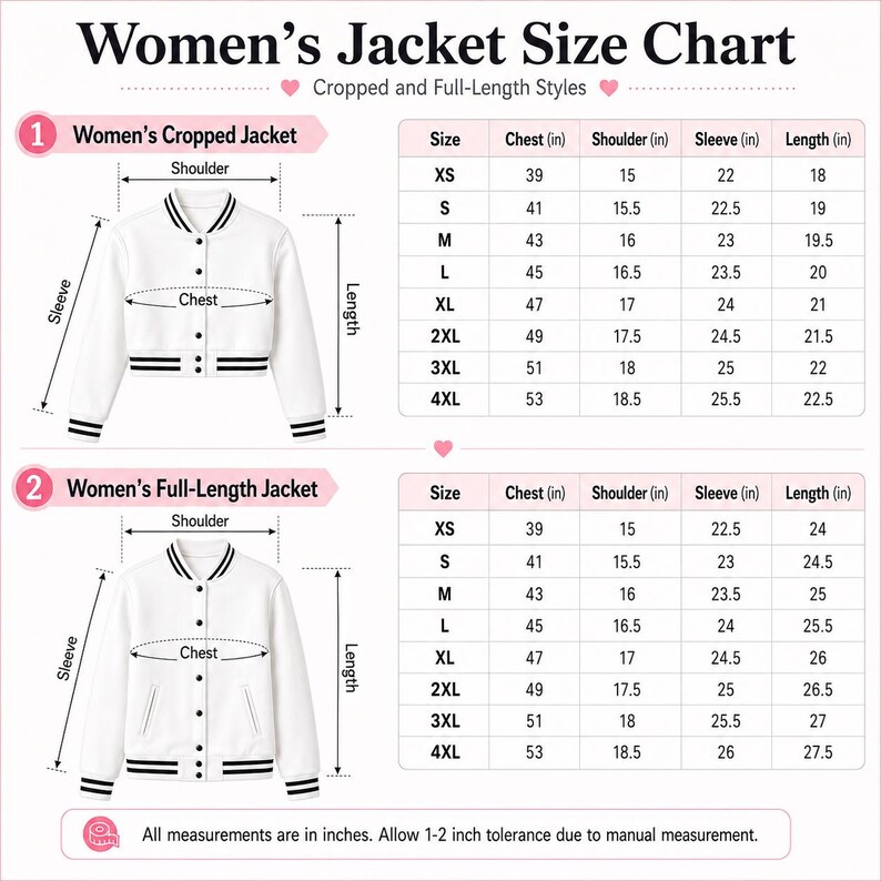 May include: A size chart for jackets featuring two white varsity-style jackets with black striped trim. The chart displays measurements in inches for chest, shoulder, sleeve, and length for sizes XS to 4XL for both cropped and full-length styles.