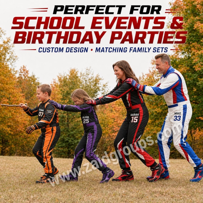 Family of four wearing personalized racing suits outdoors, including orange and black, purple and black, red and black, and white, blue, and red designs. Visible names and numbers include Ethan 07, Olivia 25, Sarah 15, and Mike 33. The group is shown playing together, with text highlighting custom designs, matching family sets, school events, and birthday parties.