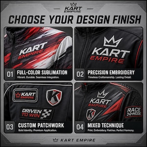 May include: A four-panel display showing Kart Empire racing jackets. Panel 01 features full-color sublimation with red, white, and black graphics. Panel 02 shows precision embroidery. Panel 03 displays custom patches. Panel 04 shows a mixed technique.
