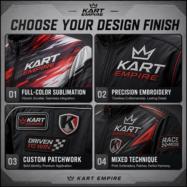 May include: A four-panel display showing Kart Empire racing jackets. Panel 01 features full-color sublimation with red, white, and black graphics. Panel 02 shows precision embroidery. Panel 03 displays custom patches. Panel 04 shows a mixed technique.