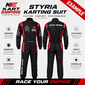 Space-themed custom racing suit mockup for Kart Empire Official with front and back views, white and navy color blocking, flag details, large readable graphics, and a professional catalog-style layout. This example highlights personalized name, number, logo, and theme options for karting suits, racing costumes, team uniforms, promotional apparel, wholesale orders, and custom motorsport outfits for retail and team buyers.
