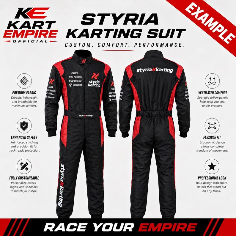 Space-themed custom racing suit mockup for Kart Empire Official with front and back views, white and navy color blocking, flag details, large readable graphics, and a professional catalog-style layout. This example highlights personalized name, number, logo, and theme options for karting suits, racing costumes, team uniforms, promotional apparel, wholesale orders, and custom motorsport outfits for retail and team buyers.