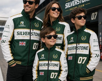 May include: A green, white, and gold zip-up jacket featuring the text Silverstone Racing Team, the number 07, a Union Jack flag, and various racing-related logos. The jacket has a high collar, long sleeves with striped cuffs, and a chest pocket.