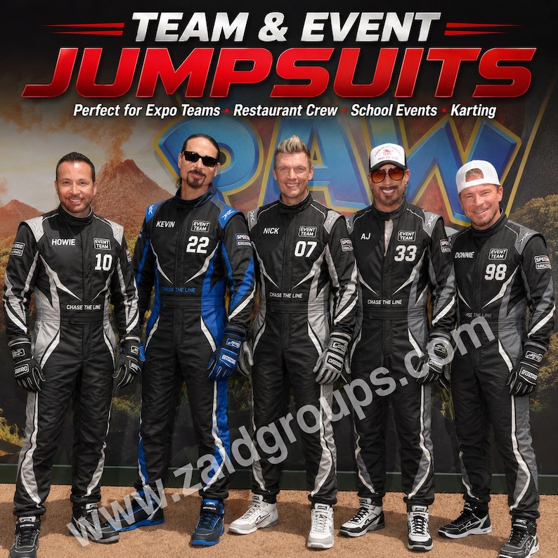 Five men wearing coordinated black team and event racing jumpsuits with white and blue accents. The suits display personalized names and numbers including Howie 10, Kevin 22, Nick 07, AJ 33, and Donnie 98, plus event team and sponsor-style patches. Text highlights team and event jumpsuits for expo teams, restaurant crews, school events, and karting.