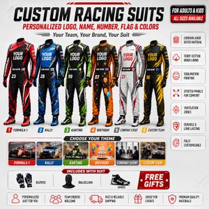 Puede incluir: Seis trajes de carreras personalizados en varios colores y diseños, incluyendo rojo, azul, verde, naranja, blanco y amarillo. Cada traje cuenta con un espacio para logotipo, nombre y número. La imagen incluye etiquetas de texto para Formula 1, Rally, Karting, Birthday, Company Event y Custom Team, junto con iconos de guantes, pasamontañas y zapatos.