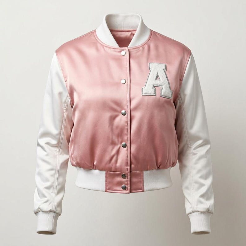 May include: A satin bomber jacket featuring a dusty pink body and contrasting white sleeves. The jacket has a white ribbed collar, cuffs, and hem, a front snap-button closure, and a large white letter A patch on the upper left chest area.