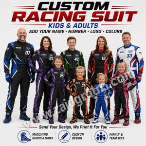 Custom racing suits for kids and adults shown on a group of men, women, and children wearing black, blue, purple, green, red, orange, pink, and white designs. Each suit displays personalized names, racing numbers, and custom logo areas. Text highlights custom colors, matching gloves and shoes, custom designs, and family or team sets.