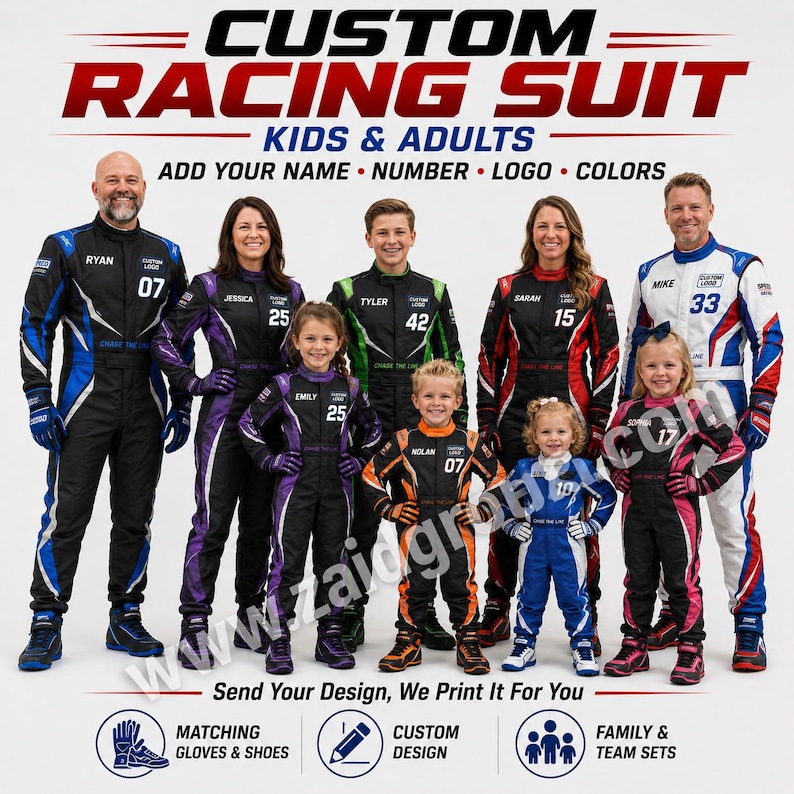 Custom racing suits for kids and adults shown on a group of men, women, and children wearing black, blue, purple, green, red, orange, pink, and white designs. Each suit displays personalized names, racing numbers, and custom logo areas. Text highlights custom colors, matching gloves and shoes, custom designs, and family or team sets.