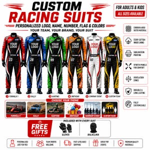 May include: Six custom racing suits in red, blue, green, orange, white, and yellow colorways, each featuring placeholders for logos, names, and numbers. The image includes text detailing features like Cordura 600D material, sublimation printing, and included gloves and balaclava.