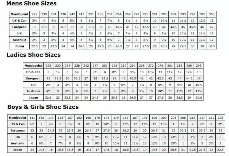 May include: A black and white reference chart displaying shoe size conversion tables for three categories: Mens Shoe Sizes, Ladies Shoe Sizes, and Boys & Girls Shoe Sizes. The tables list Mondopoint, US & Can, European, UK, Australia, and Japan sizes.