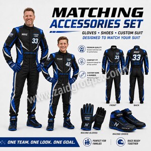 Matching black and blue custom racing suit set shown on an adult man and a boy, with personalized names and numbers “Mike 33” and “Tyler 42.” The image also shows front and back suit views, coordinated black and blue racing gloves, and matching racing shoes. Text highlights a matching accessories set with custom name and number options.