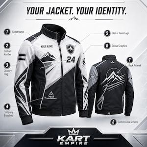 May include: A black and white zip-up jacket featuring the text YOUR JACKET. YOUR IDENTITY. and KART EMPIRE. The jacket displays custom graphics including a mountain logo, the number 24, a country flag, and labels pointing to eight customizable areas.