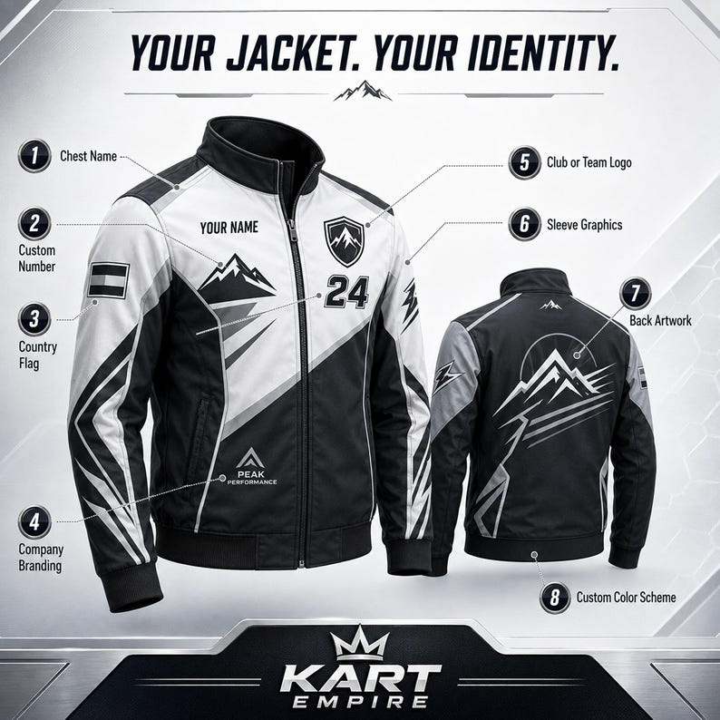 May include: A black and white zip-up jacket featuring the text YOUR JACKET. YOUR IDENTITY. and KART EMPIRE. The jacket displays custom graphics including a mountain logo, the number 24, a country flag, and labels pointing to eight customizable areas.