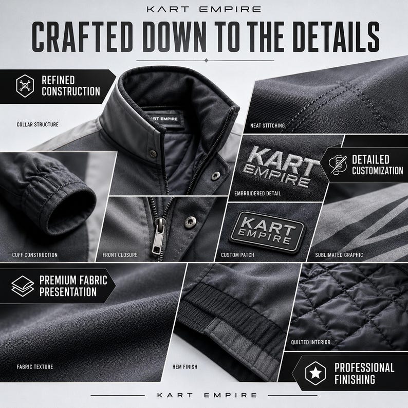 May include: A dark gray jacket featuring the text KART EMPIRE. Details include a stand-up collar, front zipper closure, ribbed cuffs, a custom patch, embroidered branding, a quilted interior lining, and a sublimated graphic pattern on the fabric.