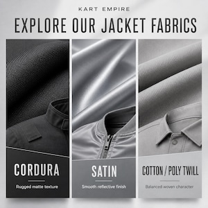 May include: A comparison chart titled KART EMPIRE EXPLORE OUR JACKET FABRICS showing three fabric types: a black Cordura with a rugged matte texture, a silver satin with a smooth reflective finish, and a gray cotton/poly twill with a balanced woven character.