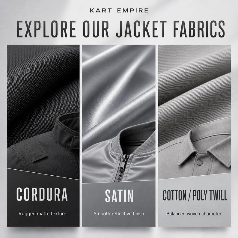 May include: A comparison chart titled KART EMPIRE EXPLORE OUR JACKET FABRICS showing three fabric types: a black Cordura with a rugged matte texture, a silver satin with a smooth reflective finish, and a gray cotton/poly twill with a balanced woven character.