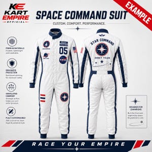 Front and back views of a white space-themed racing suit with navy blue side panels, cuffs, and collar. The front shows NASA-inspired graphics, “Star Command,” “Orbit Team,” U.S. flag, name “Whitey,” “Space Crew,” and number 05. The back features a large “Star Command” and “Orbit Team” graphic. Text highlights customizable name and team logos.