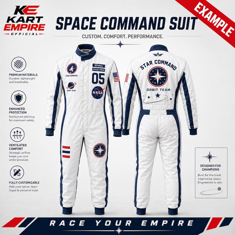 Front and back views of a white space-themed racing suit with navy blue side panels, cuffs, and collar. The front shows NASA-inspired graphics, “Star Command,” “Orbit Team,” U.S. flag, name “Whitey,” “Space Crew,” and number 05. The back features a large “Star Command” and “Orbit Team” graphic. Text highlights customizable name and team logos.