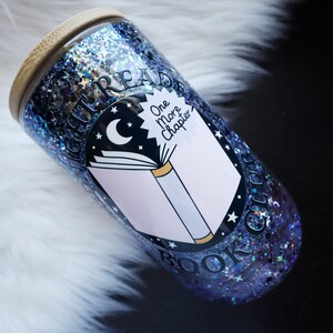 Midnight Reader Glitter Glass Wine Tumbler | Cozy Bookish Drinkware | One More Chapter Snowglobe 12oz Cup